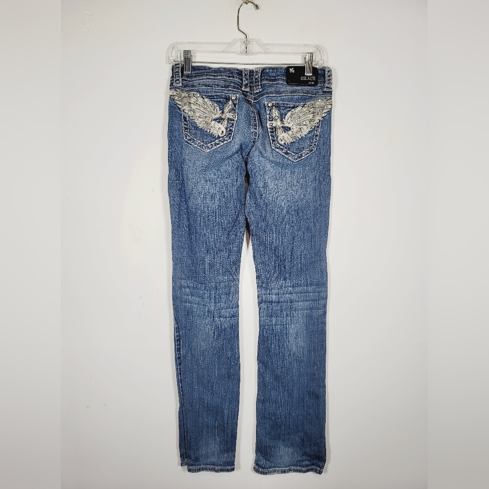 Grace In LA Straight Denim Jeans With Wing Embroidery, Size 28 - Picture 2 of 5